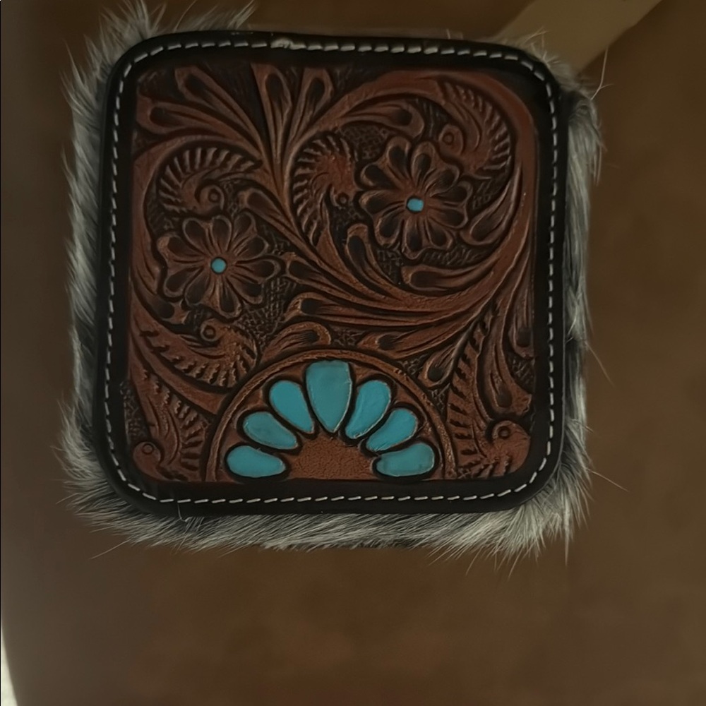 Cowhide Brown and Turquoise Floral tooled jewelry case